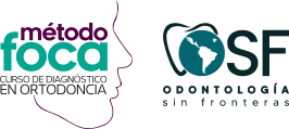 Logo containing profile outline of a face with colorful text 'método foco curso de diagnóstico en ortodoncia' next to stylized 'OSF odontología sin fronteras' with a globe in the letter O.