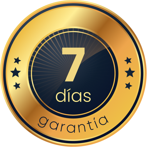 Gold and black circular badge displaying '7 días garantía' indicating a 7-day warranty.